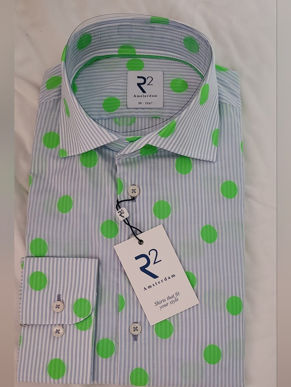 R2 Amsterdam Light Blue Striped Shirt with Bright Green Polka Dots